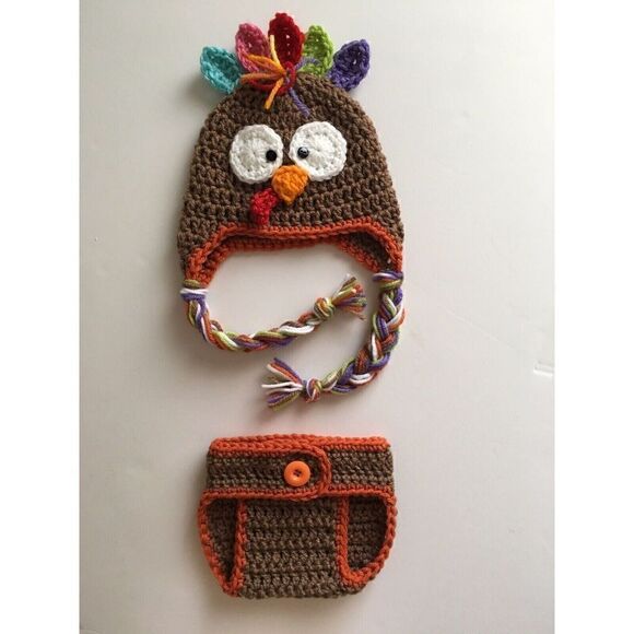 Infant Hand Crocheted Thanksgiving Turkey Costume Photo Prop Set (0-6M) - Picture 2 of 3